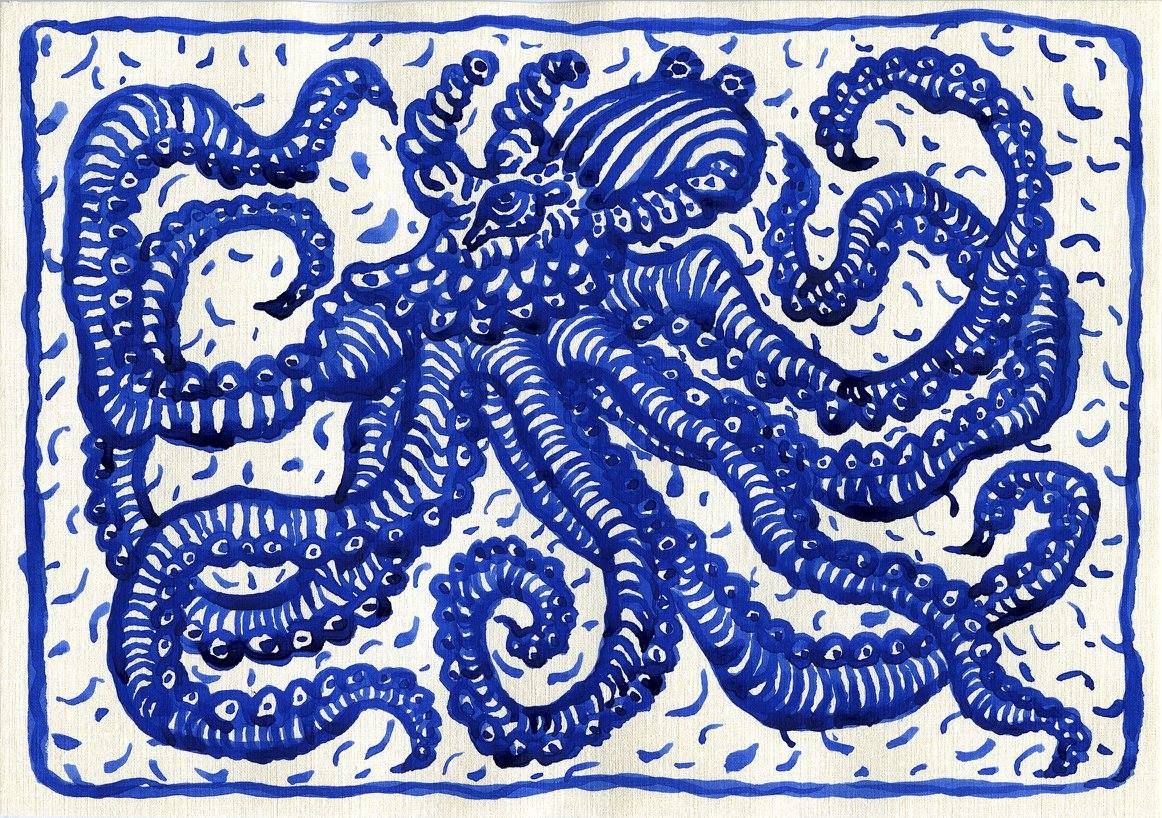 Осьминог, А-4, бумага:акрил,